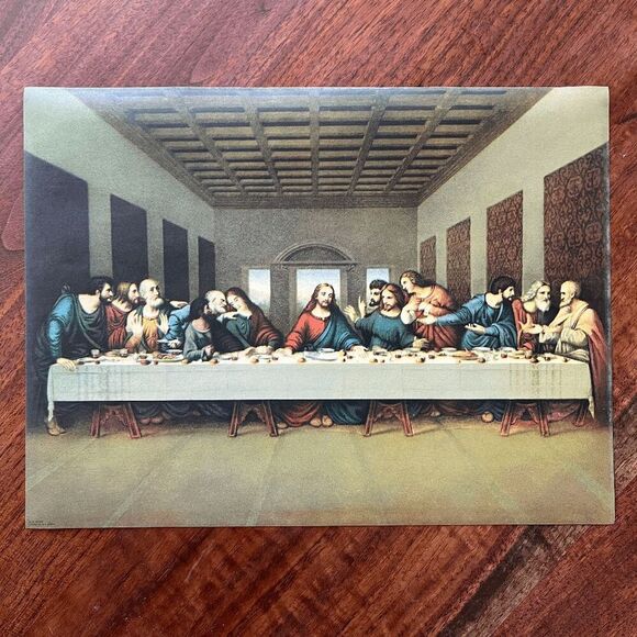 Vintage Framed Last Supper Lithograph Tray w/ Light Fixture – Gold Frame - Picture 3 of 10